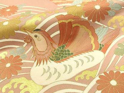平和屋着物●太鼓柄袋帯　駒刺繍　立波鴛鴦菊文　金彩　引箔　正絹　逸品　未使用　CAAY6810vp