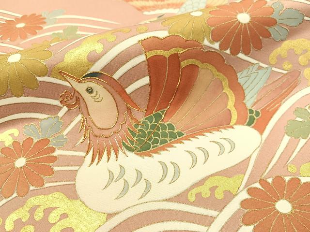 平和屋着物●太鼓柄袋帯　駒刺繍　立波鴛鴦菊文　金彩　引箔　正絹　逸品　未使用　CAAY6810vp
