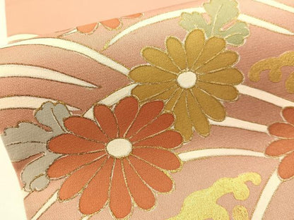 平和屋着物●太鼓柄袋帯　駒刺繍　立波鴛鴦菊文　金彩　引箔　正絹　逸品　未使用　CAAY6810vp