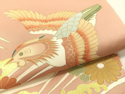 平和屋着物●太鼓柄袋帯　駒刺繍　立波鴛鴦菊文　金彩　引箔　正絹　逸品　未使用　CAAY6810vp