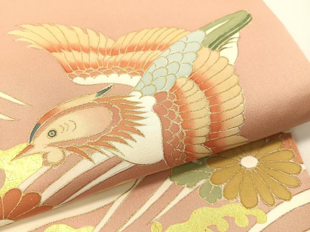 平和屋着物●太鼓柄袋帯　駒刺繍　立波鴛鴦菊文　金彩　引箔　正絹　逸品　未使用　CAAY6810vp