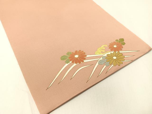 平和屋着物●太鼓柄袋帯　駒刺繍　立波鴛鴦菊文　金彩　引箔　正絹　逸品　未使用　CAAY6810vp