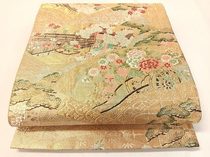 平和屋着物▼六通柄袋帯 唐織 地紙花車文 金糸 引箔 正絹 逸品 CAAY7004vp