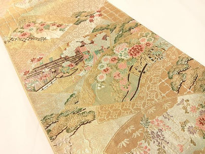 平和屋着物▼六通柄袋帯 唐織 地紙花車文 金糸 引箔 正絹 逸品 CAAY7004vp