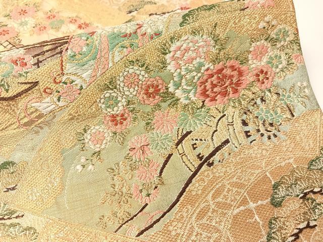 平和屋着物▼六通柄袋帯 唐織 地紙花車文 金糸 引箔 正絹 逸品 CAAY7004vp
