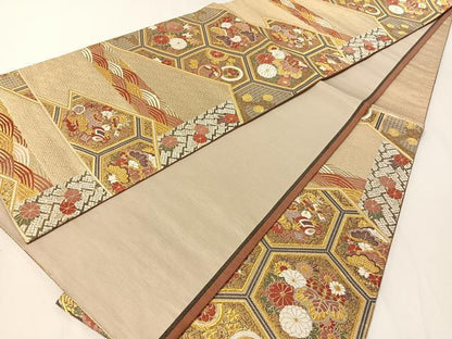 平和屋着物▼六通柄袋帯　唐織　松皮菱亀甲花文　金銀糸　正絹　逸品　CAAY7013vp