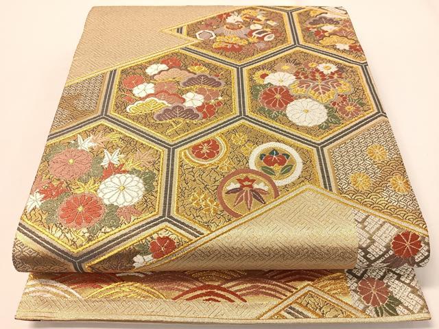 平和屋着物▼六通柄袋帯　唐織　松皮菱亀甲花文　金銀糸　正絹　逸品　CAAY7013vp