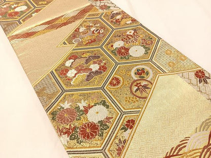 平和屋着物▼六通柄袋帯　唐織　松皮菱亀甲花文　金銀糸　正絹　逸品　CAAY7013vp
