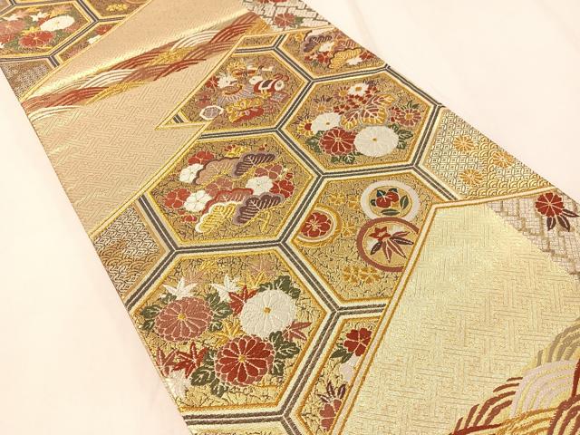 平和屋着物▼六通柄袋帯　唐織　松皮菱亀甲花文　金銀糸　正絹　逸品　CAAY7013vp