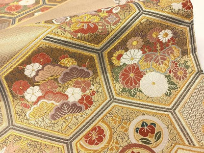 平和屋着物▼六通柄袋帯　唐織　松皮菱亀甲花文　金銀糸　正絹　逸品　CAAY7013vp