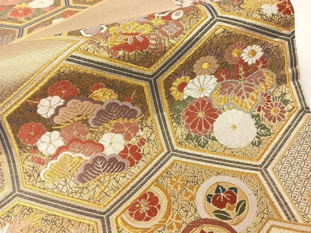 平和屋着物▼六通柄袋帯　唐織　松皮菱亀甲花文　金銀糸　正絹　逸品　CAAY7013vp