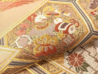 平和屋着物▼六通柄袋帯　唐織　松皮菱亀甲花文　金銀糸　正絹　逸品　CAAY7013vp