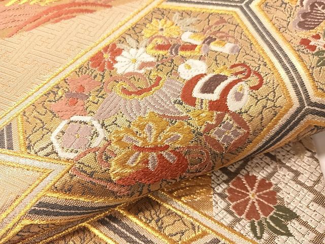 平和屋着物▼六通柄袋帯　唐織　松皮菱亀甲花文　金銀糸　正絹　逸品　CAAY7013vp