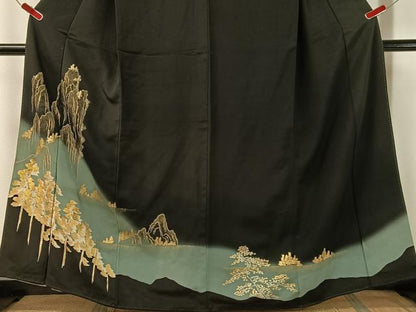 平和屋着物■豪華黒留袖 刺繍 遠山樹林文 暈し染め 金彩 正絹 逸品 CAAY7191vp