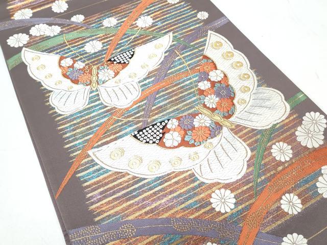 平和屋着物◎六通柄袋帯 唐織 芝草舞蝶文 金糸 正絹 逸品 CAAY7216th