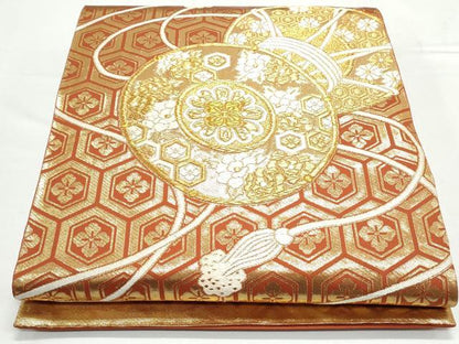 平和屋着物◎六通柄袋帯 唐織 鼓花文 金糸 正絹 逸品 CAAY7230th