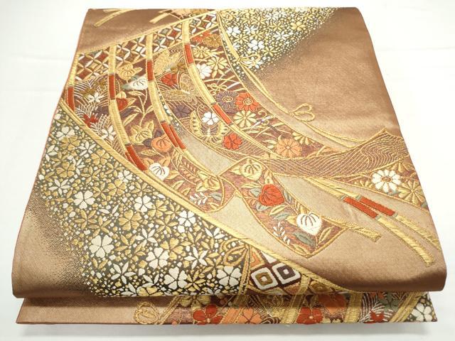 平和屋着物◎六通柄袋帯 唐織 几帳花蝶文 金糸 正絹 逸品 CAAY7239th