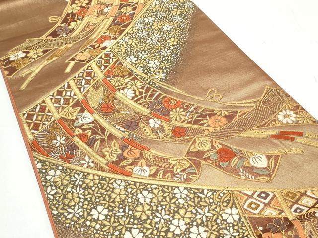 平和屋着物◎六通柄袋帯 唐織 几帳花蝶文 金糸 正絹 逸品 CAAY7239th