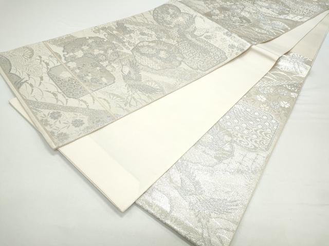 平和屋着物◎六通柄袋帯　彩錦　飛鶴草花文　銀糸　正絹　逸品　CAAY7278th