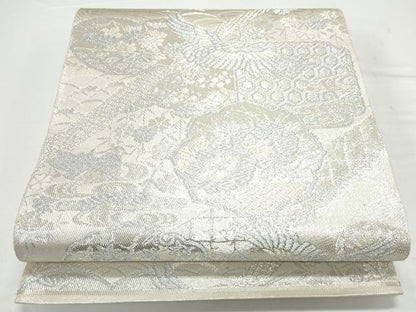 平和屋着物◎六通柄袋帯　彩錦　飛鶴草花文　銀糸　正絹　逸品　CAAY7278th