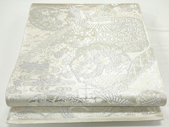 平和屋着物◎六通柄袋帯　彩錦　飛鶴草花文　銀糸　正絹　逸品　CAAY7278th
