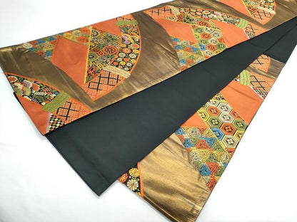 平和屋着物◎六通柄袋帯　唐織　籬花文　黒地　金糸　正絹　逸品　CAAY7297th