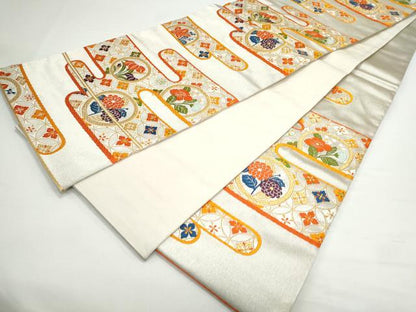 平和屋着物◎六通柄袋帯 唐織 エ霞花丸文 金銀糸 正絹 逸品 CAAY7300th