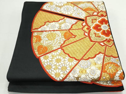 平和屋着物◎六通柄袋帯 唐織 扇面花文 黒地 金銀糸 正絹 逸品 CAAY7308th