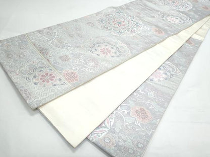 平和屋着物◎六通柄袋帯 道長風切楽華文 銀糸 正絹 逸品 CAAY7317th