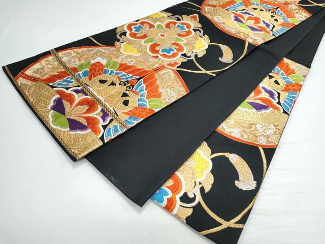 平和屋着物◎六通柄袋帯　唐織　双鶴花文　黒地　金銀糸　正絹　逸品　CAAY7318th