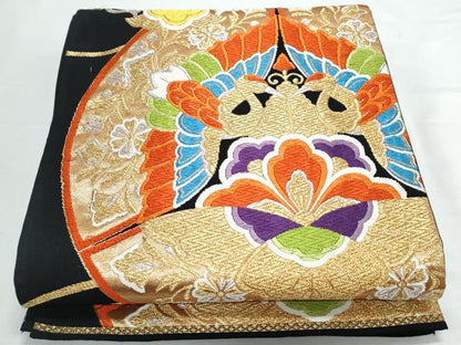 平和屋着物◎六通柄袋帯　唐織　双鶴花文　黒地　金銀糸　正絹　逸品　CAAY7318th