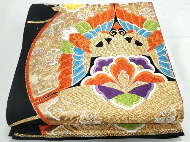 平和屋着物◎六通柄袋帯　唐織　双鶴花文　黒地　金銀糸　正絹　逸品　CAAY7318th