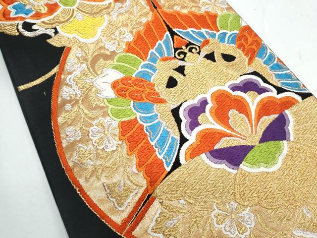 平和屋着物◎六通柄袋帯　唐織　双鶴花文　黒地　金銀糸　正絹　逸品　CAAY7318th