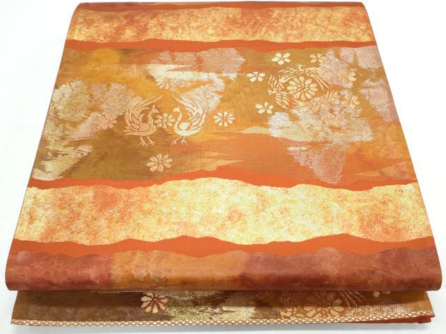 平和屋着物◎六通柄袋帯 向かい鳥花文 金糸 正絹 逸品 CAAY7326th