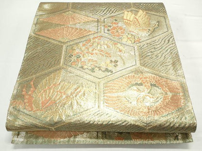 平和屋着物◎佐賀錦　六通柄袋帯　双鶴花文　金糸　正絹　逸品　CAAY7348th
