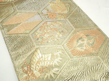 平和屋着物◎佐賀錦　六通柄袋帯　双鶴花文　金糸　正絹　逸品　CAAY7348th