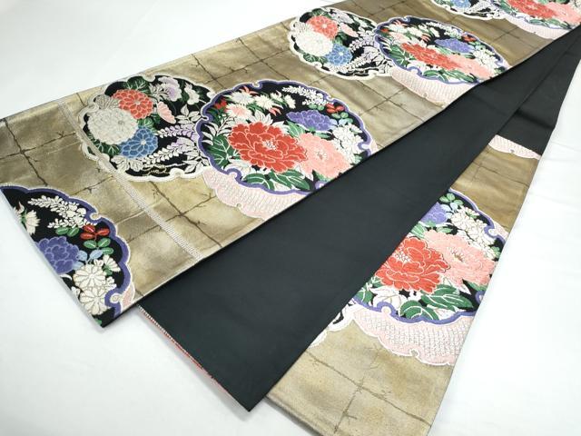 平和屋着物◎六通柄袋帯　唐織　雪輪花文　黒地　銀糸　正絹　逸品　CAAY7360th