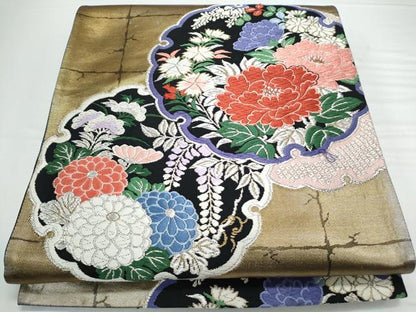 平和屋着物◎六通柄袋帯　唐織　雪輪花文　黒地　銀糸　正絹　逸品　CAAY7360th