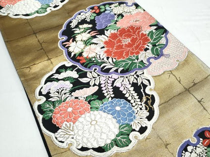 平和屋着物◎六通柄袋帯　唐織　雪輪花文　黒地　銀糸　正絹　逸品　CAAY7360th