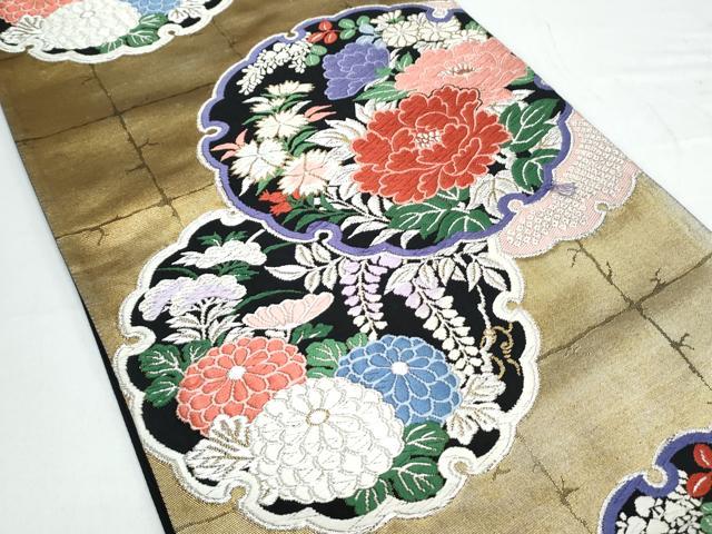 平和屋着物◎六通柄袋帯　唐織　雪輪花文　黒地　銀糸　正絹　逸品　CAAY7360th