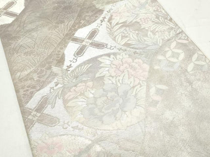 平和屋着物◎六通柄袋帯　花鳥丸文　銀糸　正絹　逸品　CAAY7386th