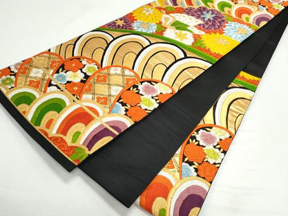 平和屋着物◎六通柄袋帯　唐織　花蝶文　黒地　金糸　正絹　逸品　CAAY7391th