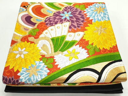 平和屋着物◎六通柄袋帯　唐織　花蝶文　黒地　金糸　正絹　逸品　CAAY7391th