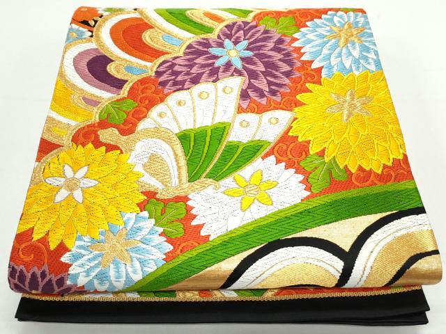 平和屋着物◎六通柄袋帯　唐織　花蝶文　黒地　金糸　正絹　逸品　CAAY7391th