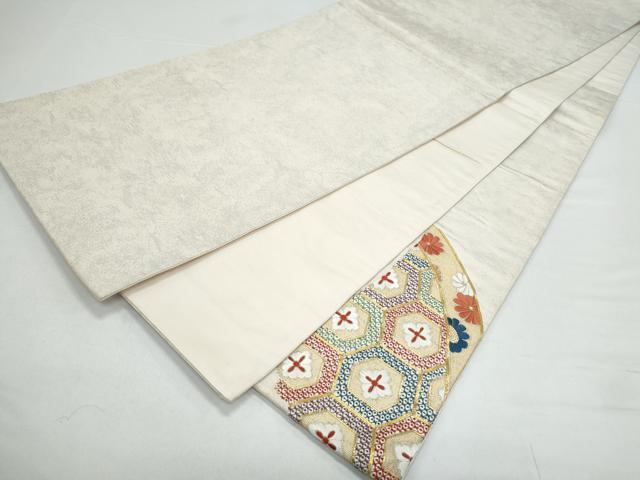 平和屋着物◎太鼓柄袋帯　駒刺繍　亀甲花文　正絹　逸品　CAAY7393th