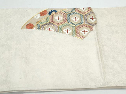 平和屋着物◎太鼓柄袋帯　駒刺繍　亀甲花文　正絹　逸品　CAAY7393th