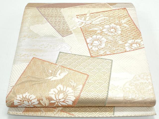 平和屋着物◎六通柄袋帯　色紙重ね花鳥文　金糸　正絹　逸品　CAAY7394th