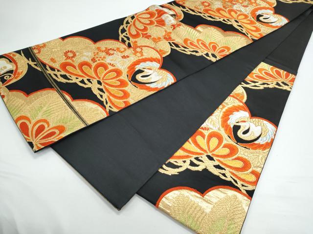 平和屋着物◎六通柄袋帯 唐織 飛鶴松文 黒地 金銀糸 正絹 逸品 CAAY7398th