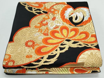 平和屋着物◎六通柄袋帯 唐織 飛鶴松文 黒地 金銀糸 正絹 逸品 CAAY7398th