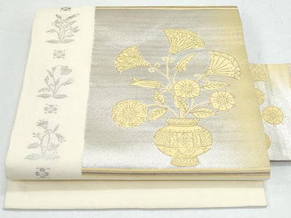 平和屋着物◎九寸名古屋帯　陶器花文　金銀糸　正絹　逸品　CAAY7425th
